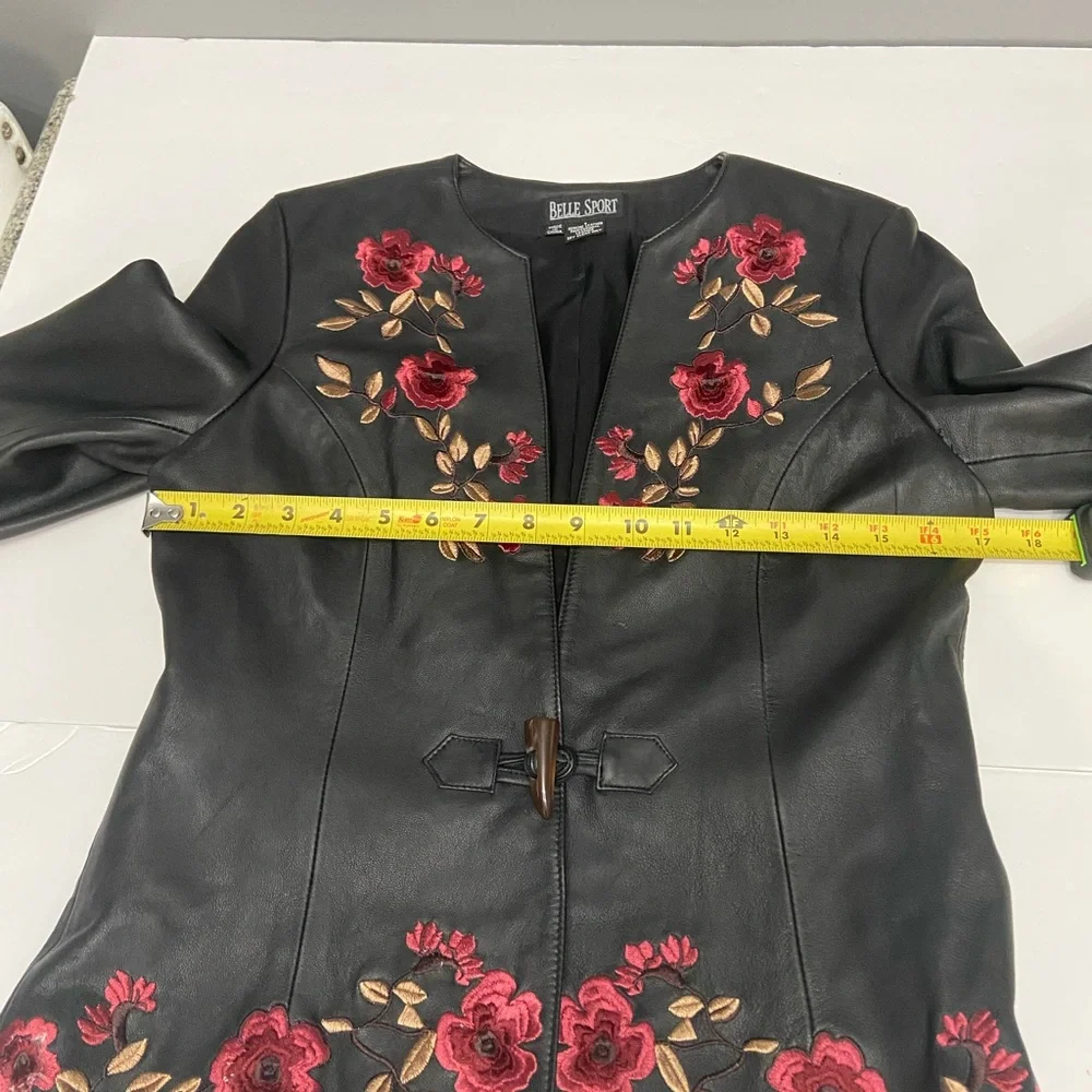 BELLE SPORT Womens Black Leather Jacket Blazer Floral Embroidery Throughout S - Picture 10 of 17